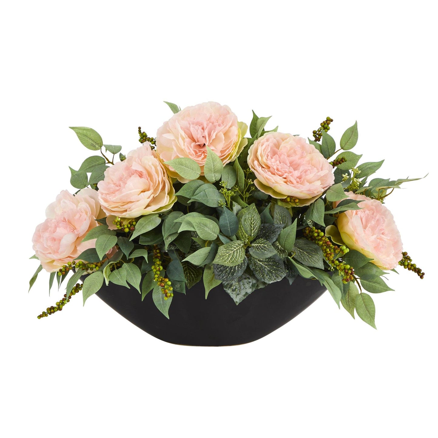 19” Peony and Mixed Greens Artificial Arrangement in Black Vase ...