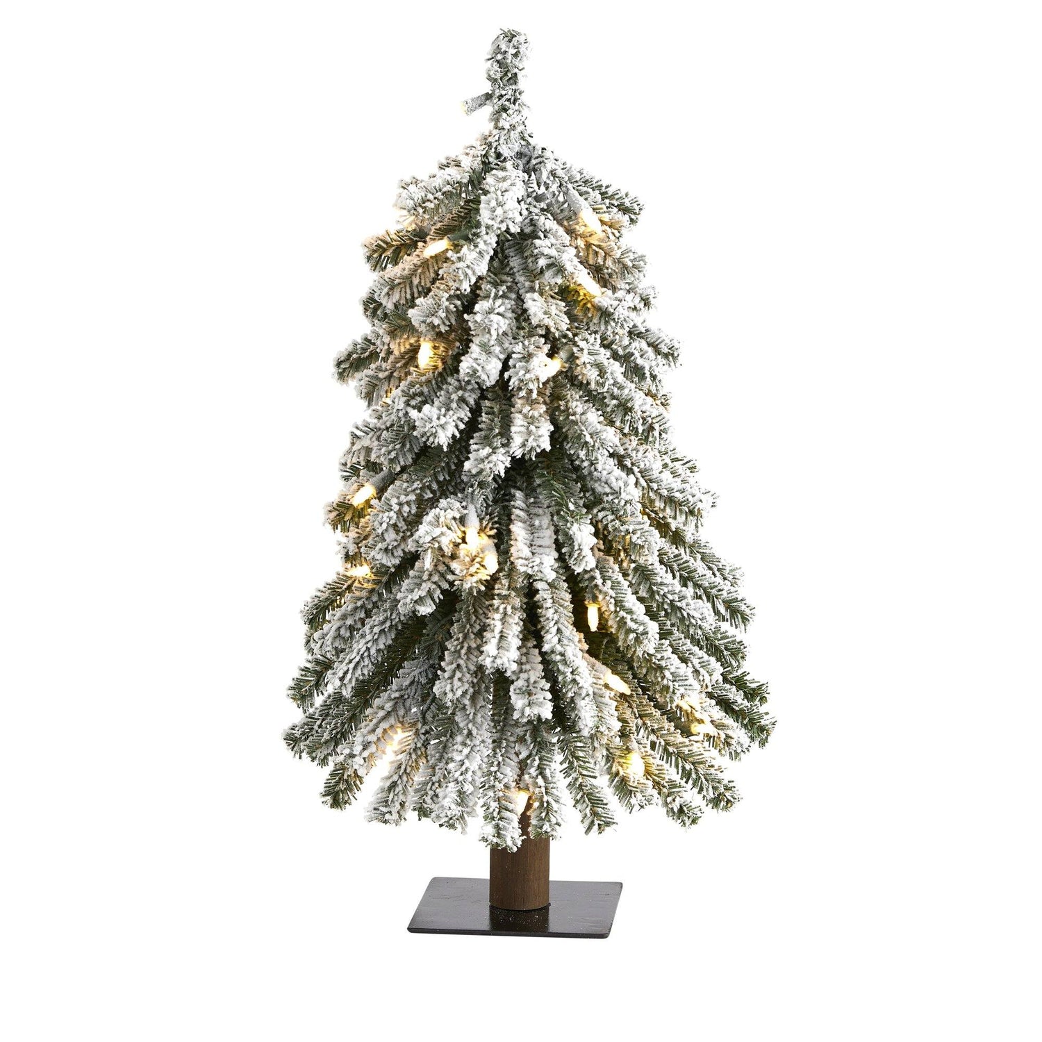 2’ Flocked Grand Alpine Artificial Christmas Tree with 35 Clear Lights and 111 Bendable Branches on Natural Trunk