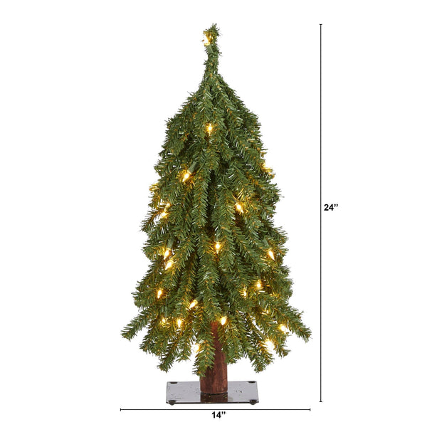 2’ Grand Alpine Artificial Christmas Tree with 35 Clear Lights and 111 Bendable Branches on Natural Trunk