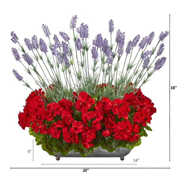 20” Geranium and Lavender Artificial Plant in in Metal Tray