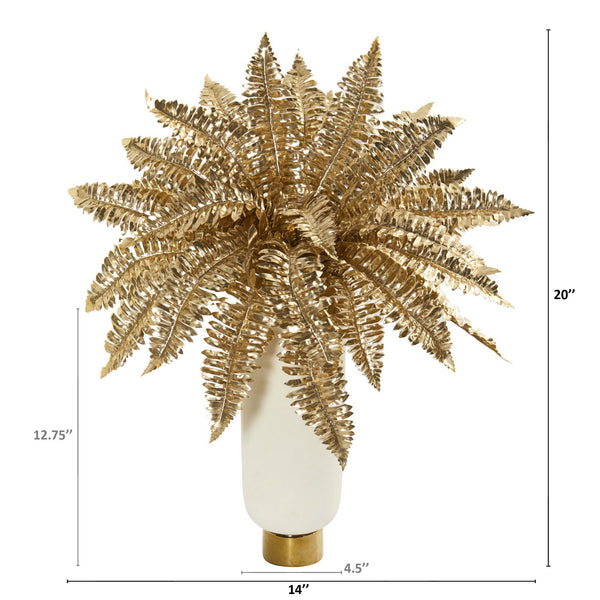 20” Golden Boston Fern Artificial Plant in Cream Vase with Gold Base