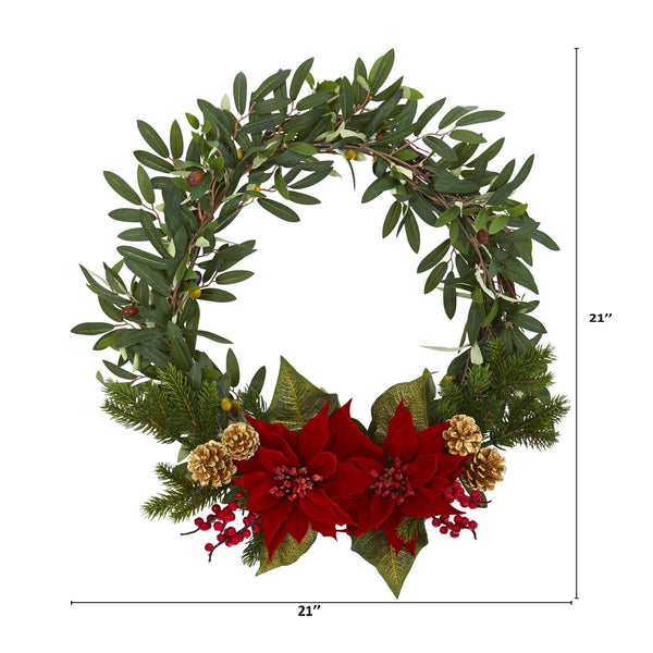 21” Olive with Poinsettia, Berry and Pine Artificial Wreath