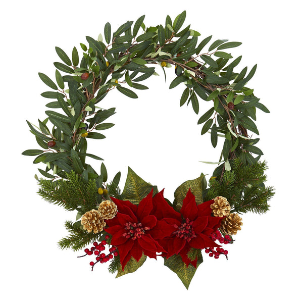 21” Olive with Poinsettia, Berry and Pine Artificial Wreath