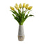 22” Dutch Tulip Artificial Arrangement in Stoneware Vase with Gold Trimming