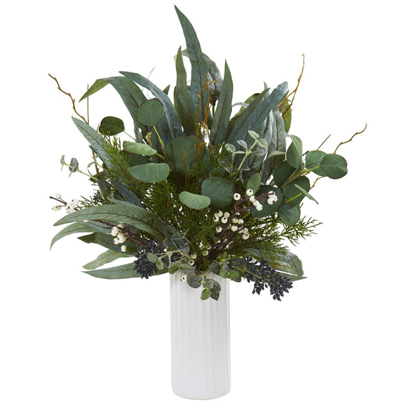 22” Eucalyptus Artificial Plant in White Cylinder Vase