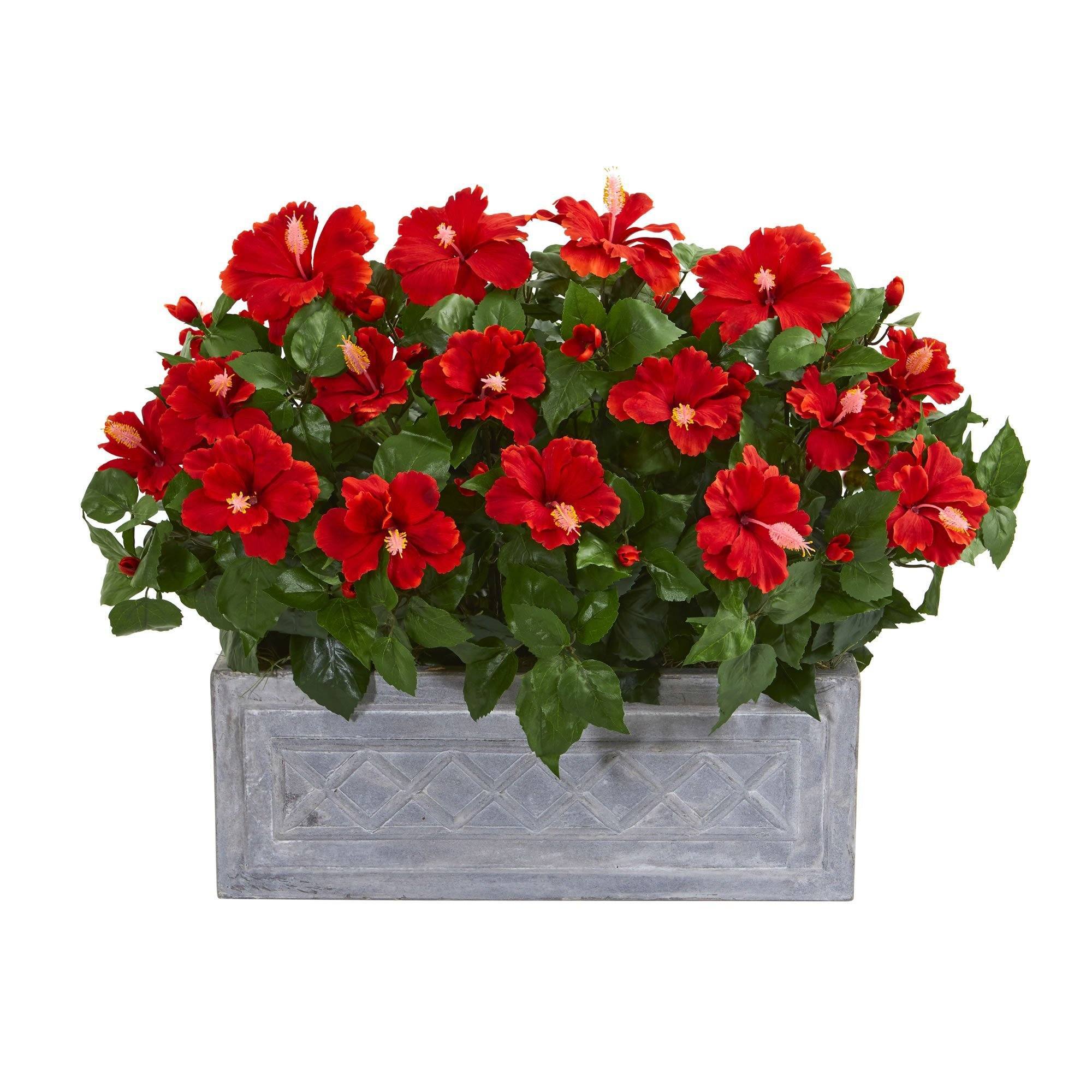 Hibiscus Artificial Plant In Stone Planter Nearly Natural