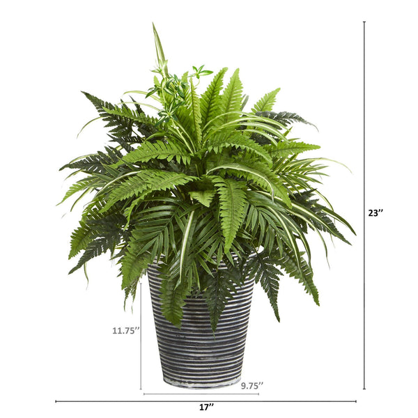 23” Mixed Greens and Fern Artificial Plant in Tin Planter with Black Pattern