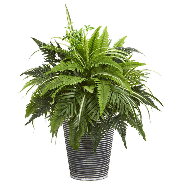 23” Mixed Greens and Fern Artificial Plant in Tin Planter with Black Pattern