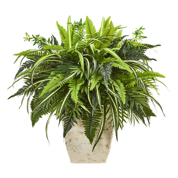 23” Mixed Greens and Fern Artificial Plant in White Planter