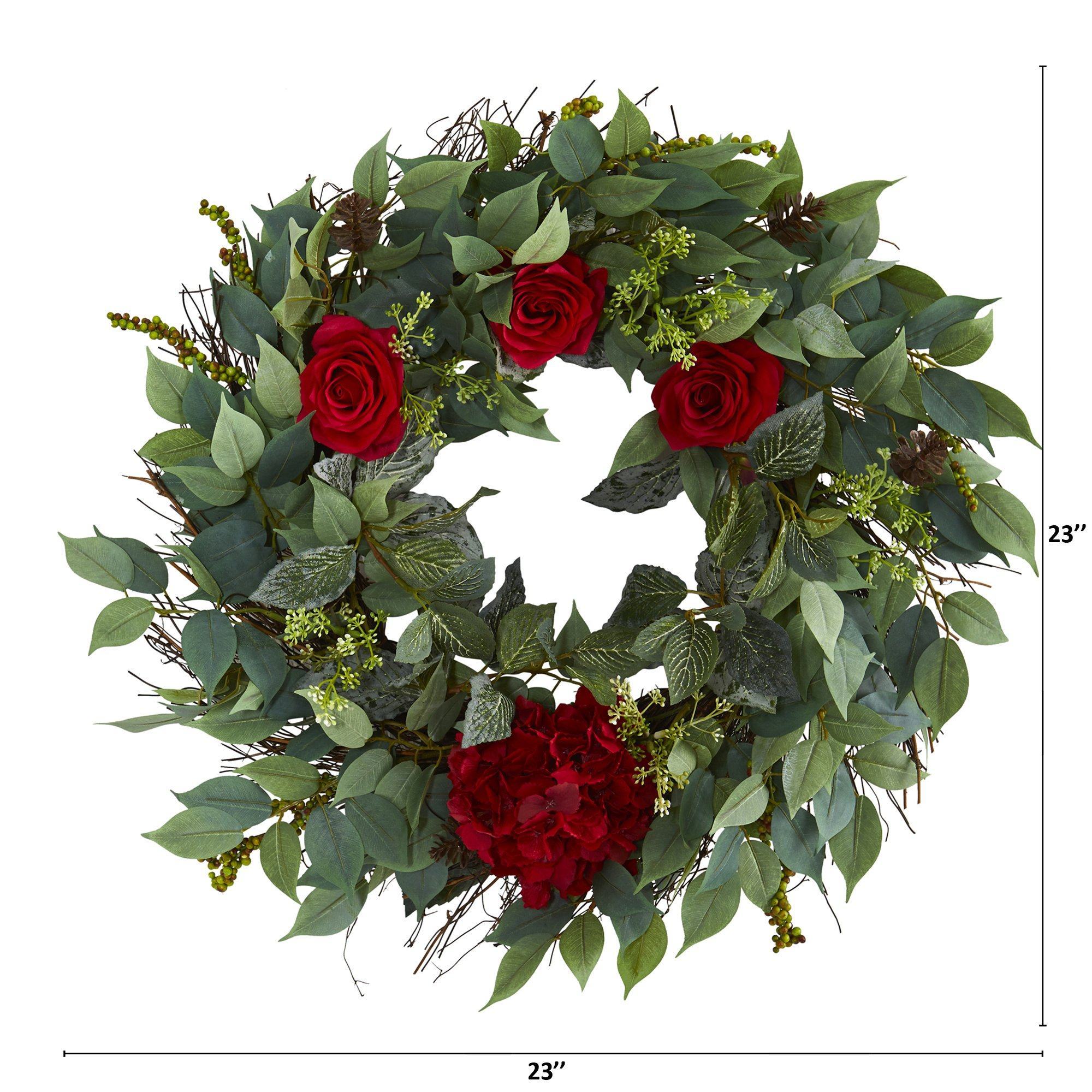 23” Mixed Greens, Hydrangea and Rose Artificial Wreath | Nearly Natural