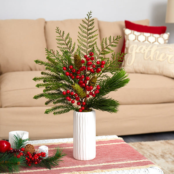 23” Mixed Pine, Pinecone and Berry Artificial Arrangement in White Vase