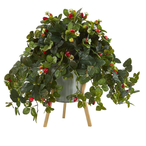 23” Strawberry Artificial Plant with Berries in Green Planter with Stand