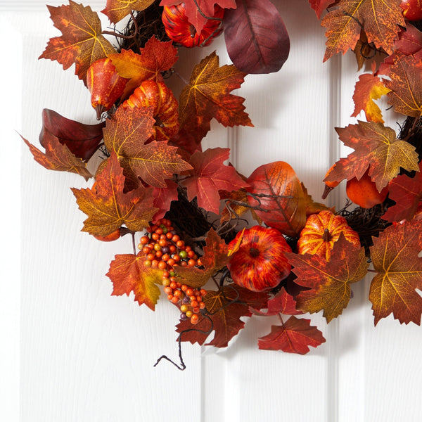 24” Autumn Maple Leaves, Pumpkin, Pinecone and Berries Artificial Fall Wreath