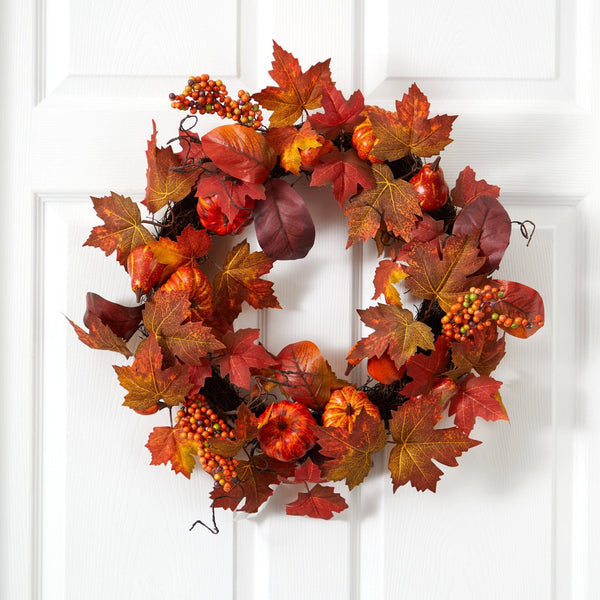 24” Autumn Maple Leaves, Pumpkin, Pinecone and Berries Artificial Fall Wreath