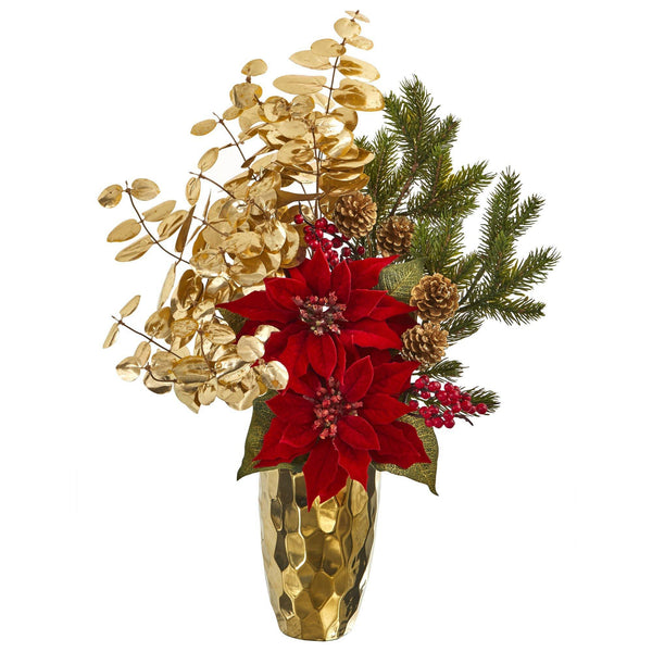 24” Poinsettia and Gold Eucalyptus Artificial Arrangement in Gold Vase