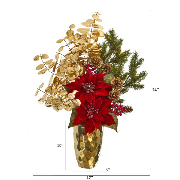 24” Poinsettia and Gold Eucalyptus Artificial Arrangement in Gold Vase