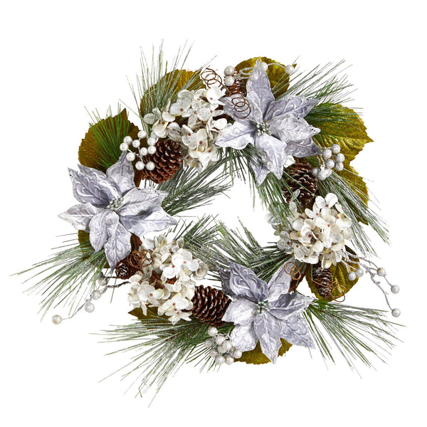 24” Silver Poinsettia, Hydrangea and Pinecones Artificial Christmas Wreath