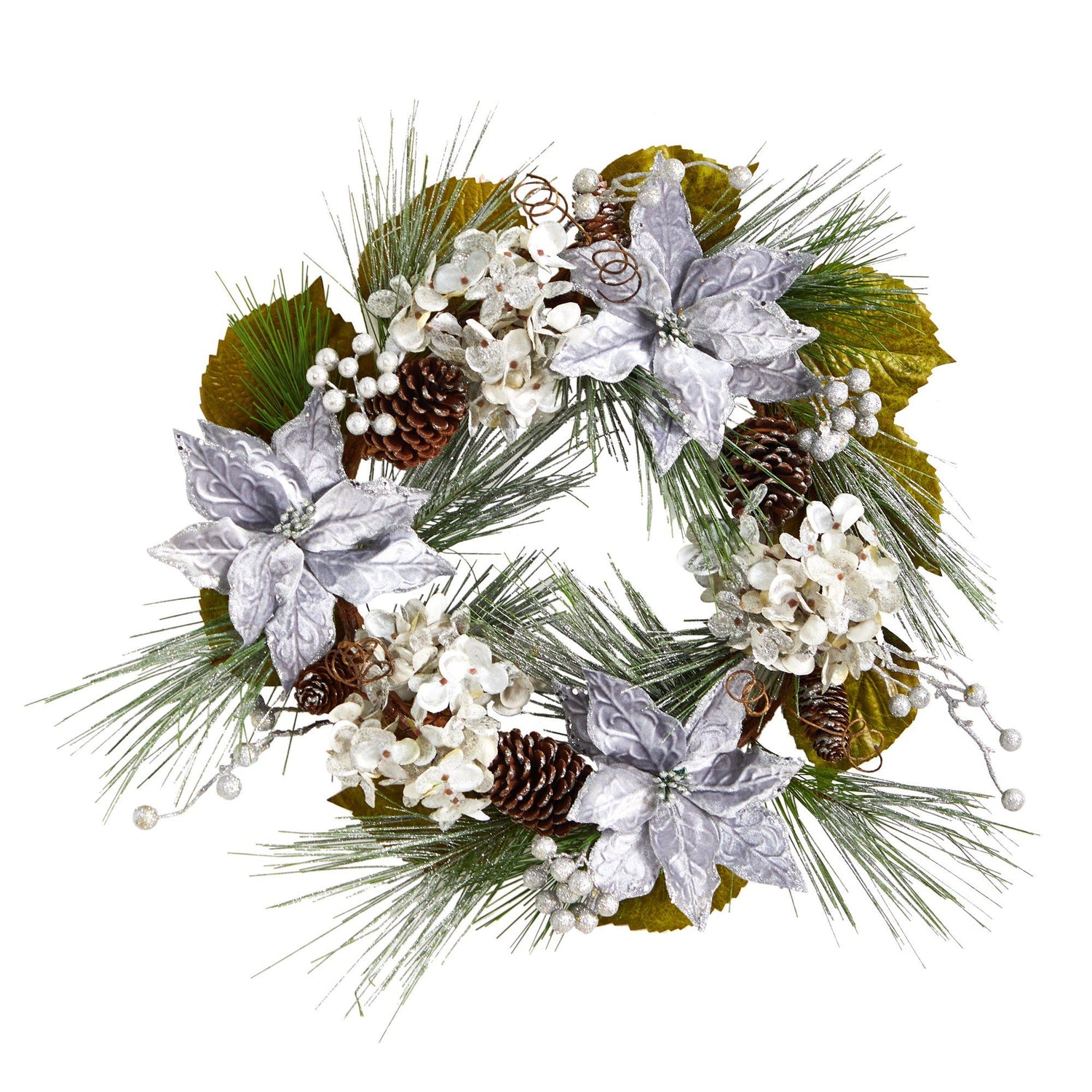 24” Silver Poinsettia, Hydrangea and Pinecones Artificial Christmas Wreath