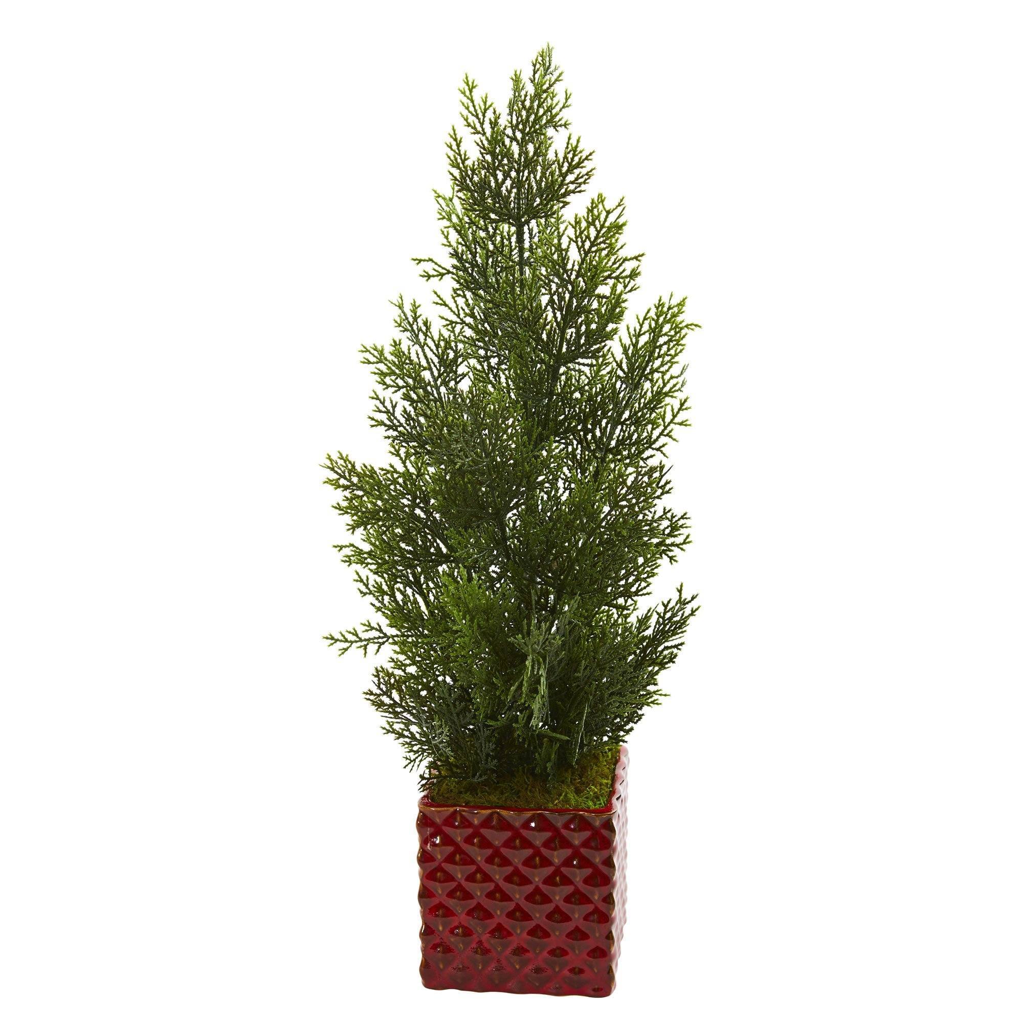 25” Mini Cedar Pine Artificial Tree in Red Planter (Indoor/Outdoor ...