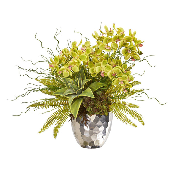 25” Phalaenopsis Orchid, Succulent and Fern Artificial Arrangement in Silver Vase