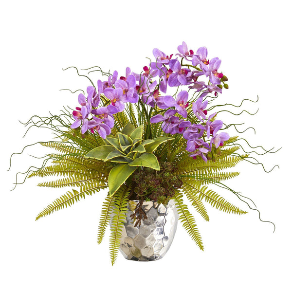 25” Phalaenopsis Orchid, Succulent and Fern Artificial Arrangement in Silver Vase