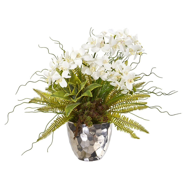 25” Phalaenopsis Orchid, Succulent and Fern Artificial Arrangement in Silver Vase