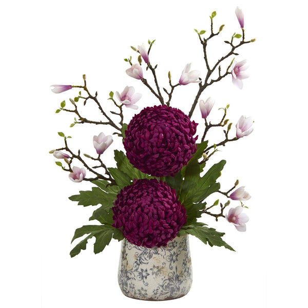 27” Magnolia and Mum Artificial Arrangement in Floral Design Vase