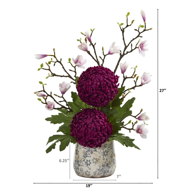 27” Magnolia and Mum Artificial Arrangement in Floral Design Vase