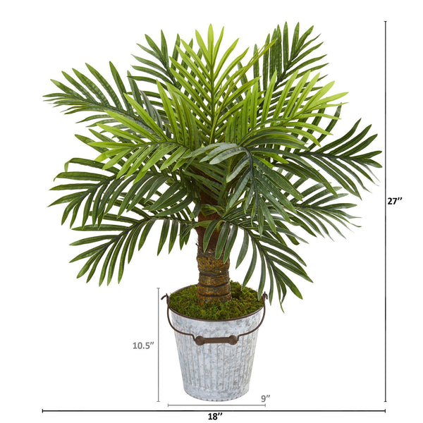 27” Robellini Palm Artificial Tree in White Washed Vintage Metal Pail