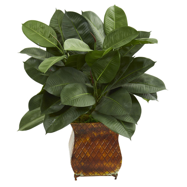28” Artificial Rubber Plant in Brown Metal Planter