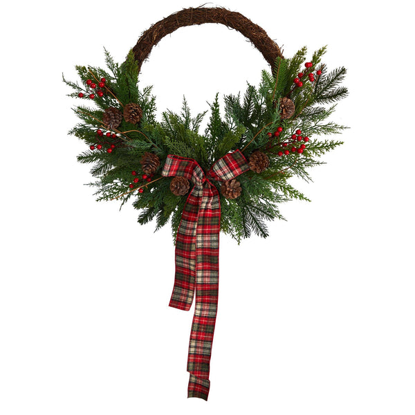 28” Pine and Pinecone Artificial Christmas Wreath with Decorative Bow