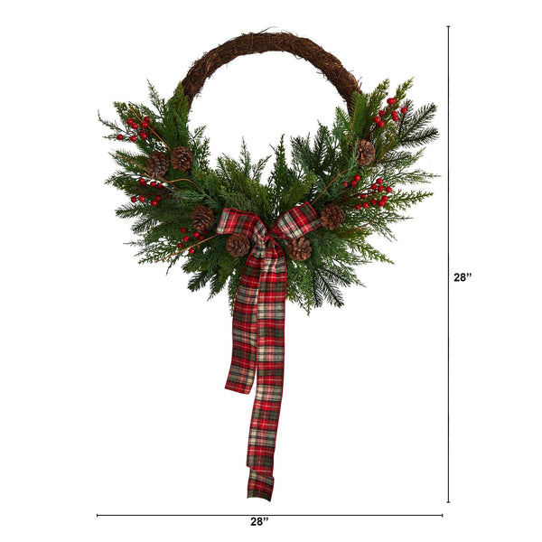 28” Pine and Pinecone Artificial Christmas Wreath with Decorative Bow