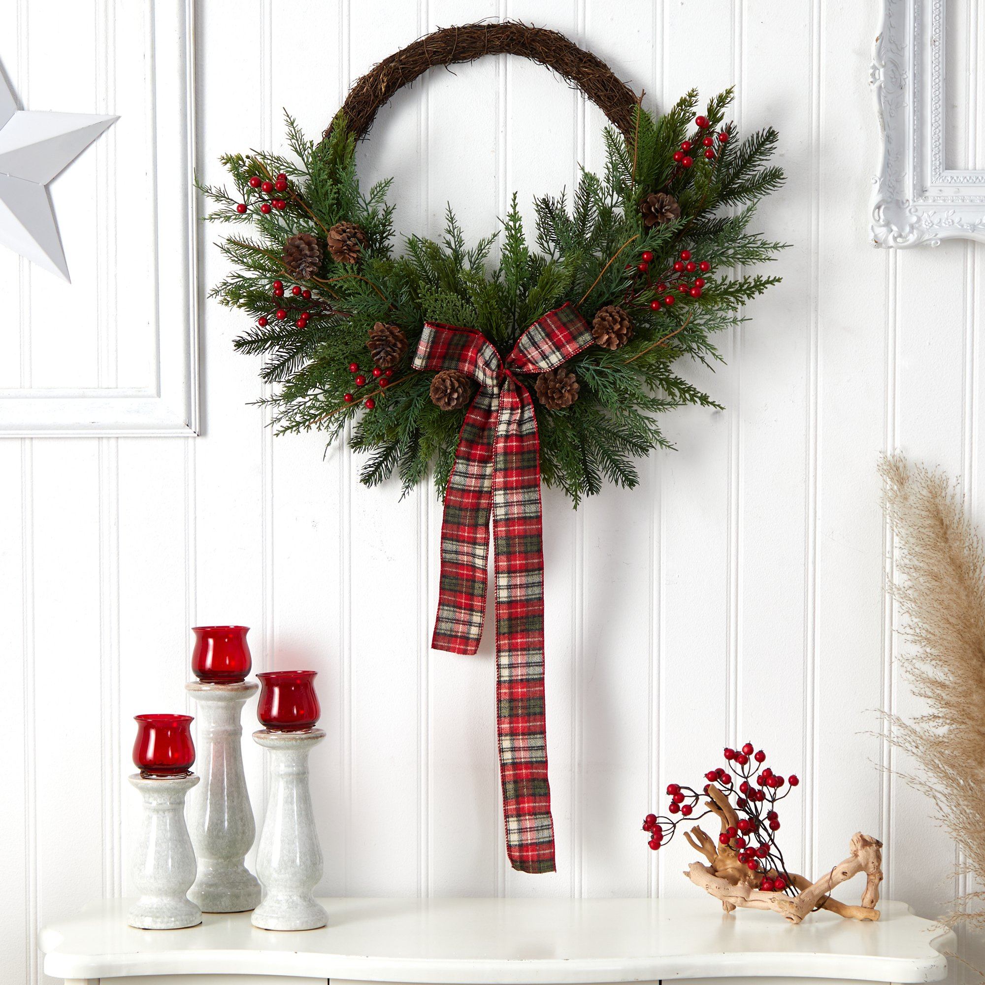 28” Pine and Pinecone Artificial Christmas Wreath with Decorative Bow |  Nearly Natural