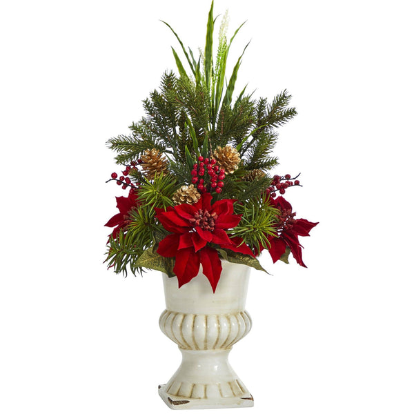 28” Poinsettia, Grass and Succulent Artificial Arrangement in White Urn