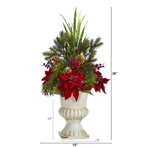 28” Poinsettia, Grass and Succulent Artificial Arrangement in White Urn