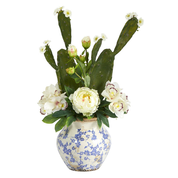 29” Cymbidium Orchid, Peony and Cactus Succulent Artificial Arrangement in Vintage Floral Vase