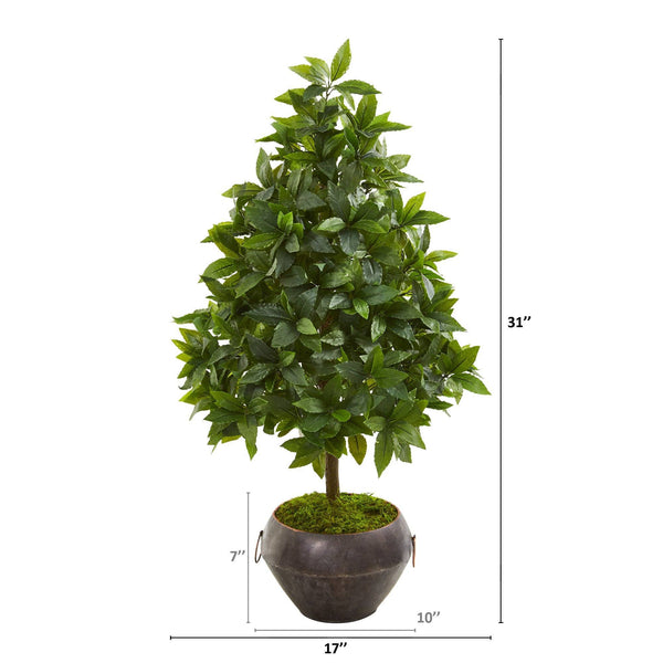 31” Sweet Bay Cone Topiary Artificial Tree in Metal Bowl | Nearly Natural