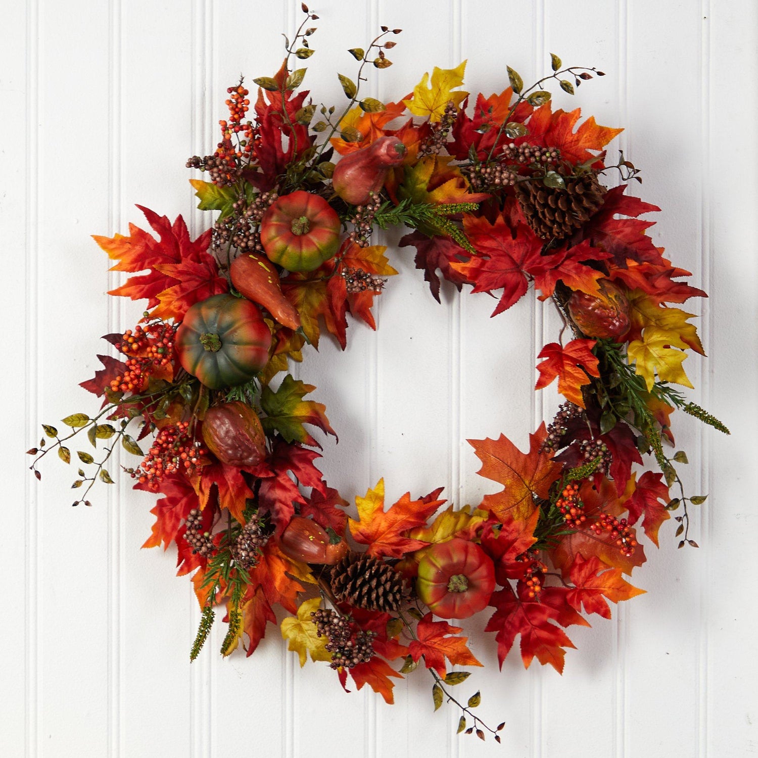 Nearly Natural 32 Autumn Maple Leaf, Pumpkin and Berries Artificial Fall Wreath