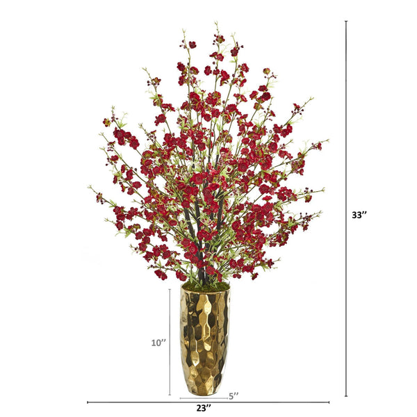 33” Cherry Blossom Artificial Arrangement in Gold Vase