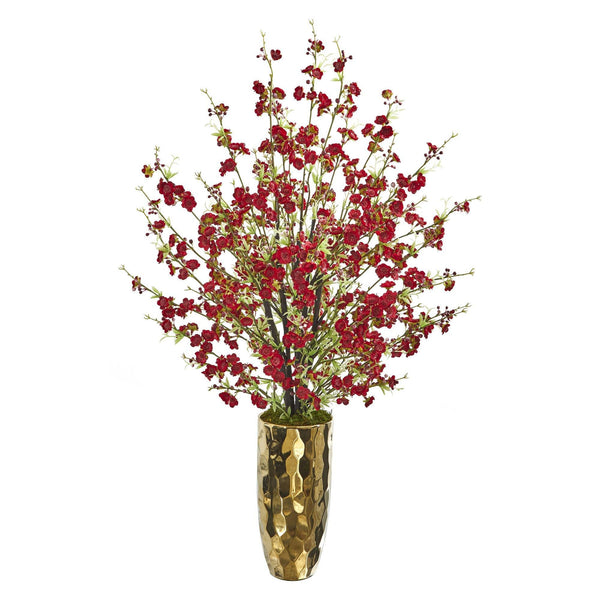 33” Cherry Blossom Artificial Arrangement in Gold Vase