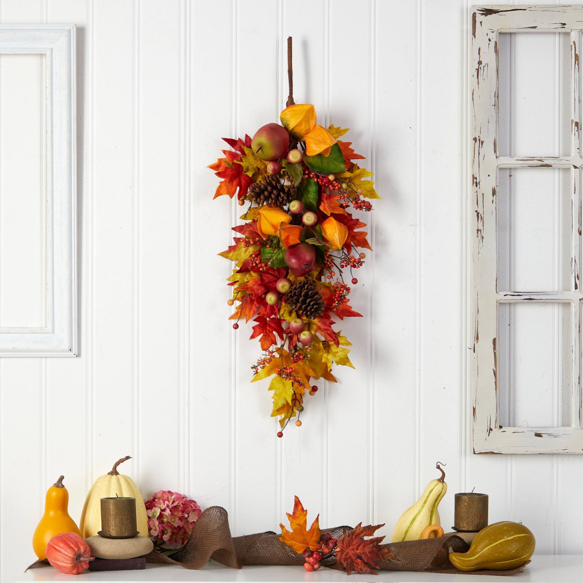 35” Autumn Maple Leaf and Berries Fall Teardrop | Nearly Natural