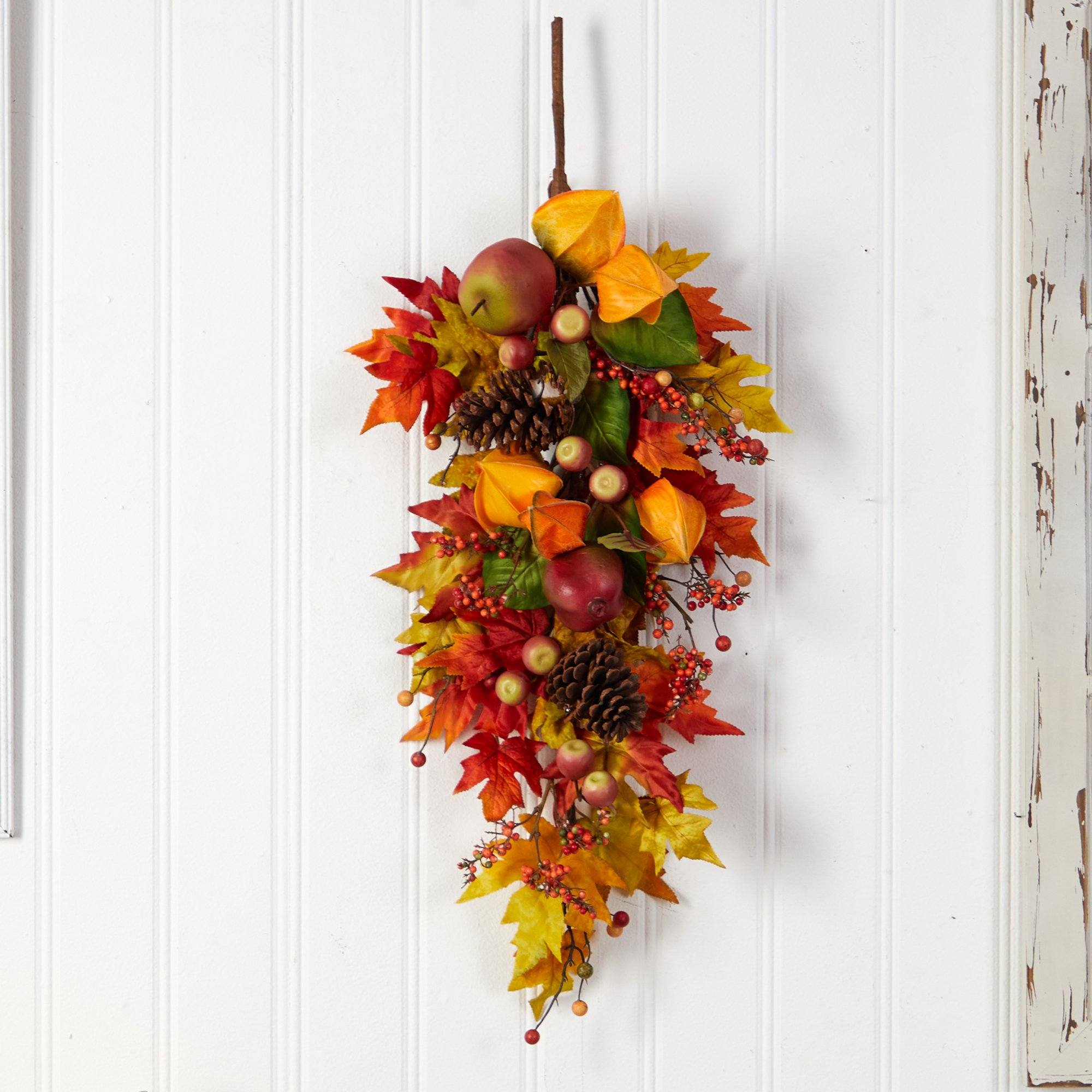 35” Autumn Maple Leaf and Berries Fall Teardrop | Nearly Natural