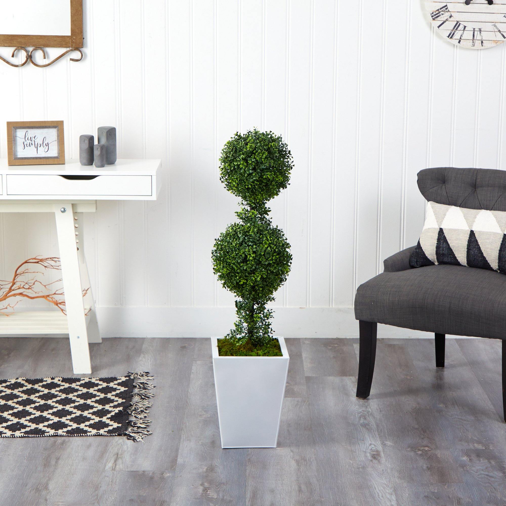 3.5’ Boxwood Double Ball Topiary Artificial Tree In White Metal Planter 