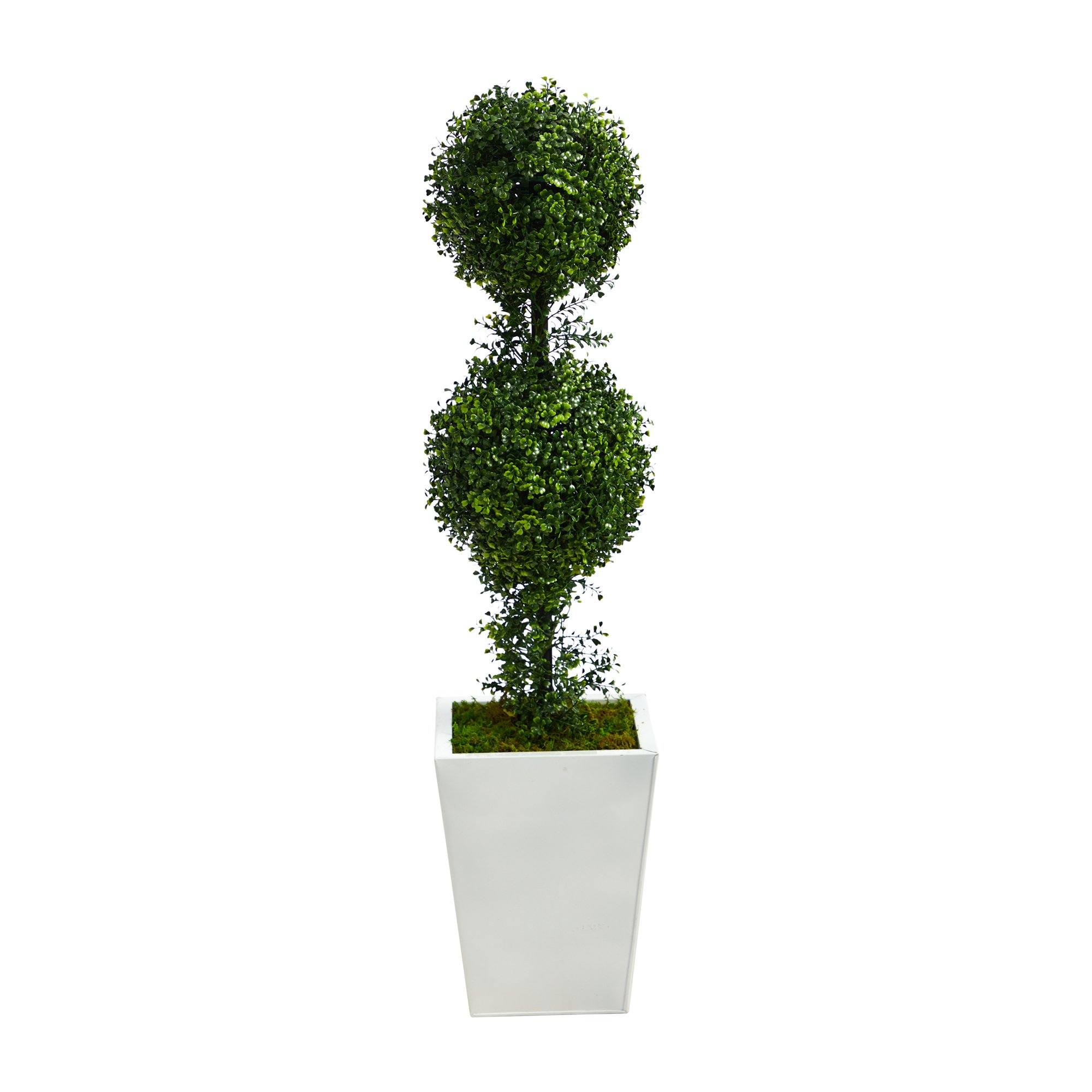 3.5’ Boxwood Double Ball Topiary Artificial Tree In White Metal Planter 