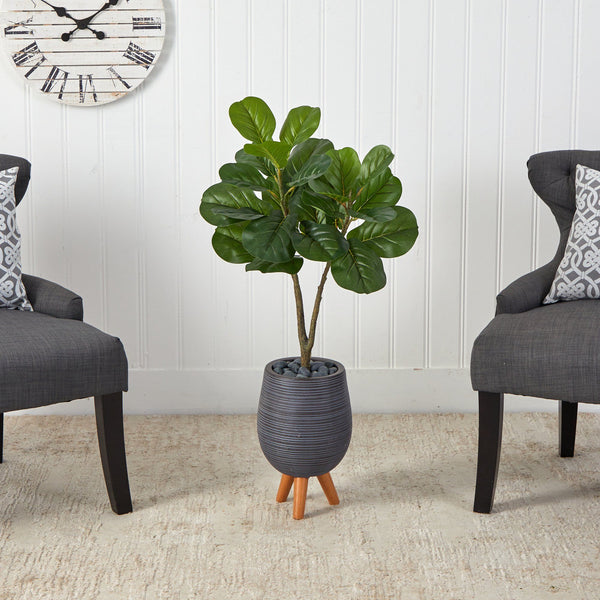 3.5’ Fiddle Leaf Fig Artificial Tree in Gray Planter with Stand