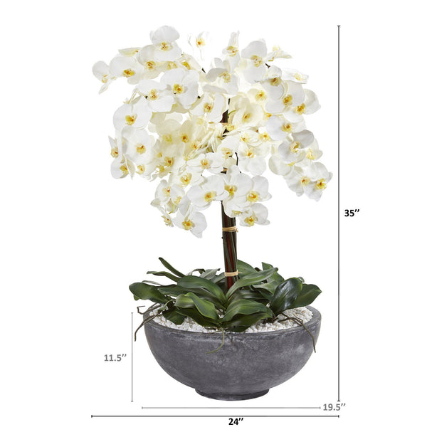 35” Phalaenopsis Orchid Artificial Arrangement in Large Cement Bowl ...
