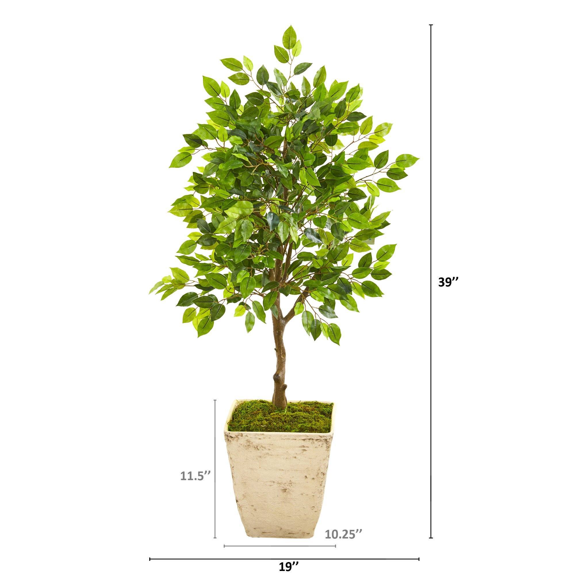 39” Ficus Artificial Tree in Country White Planter | Nearly Natural