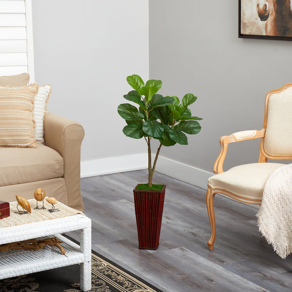 39” Fiddle Leaf Fig Artificial Tree in Bamboo Planter