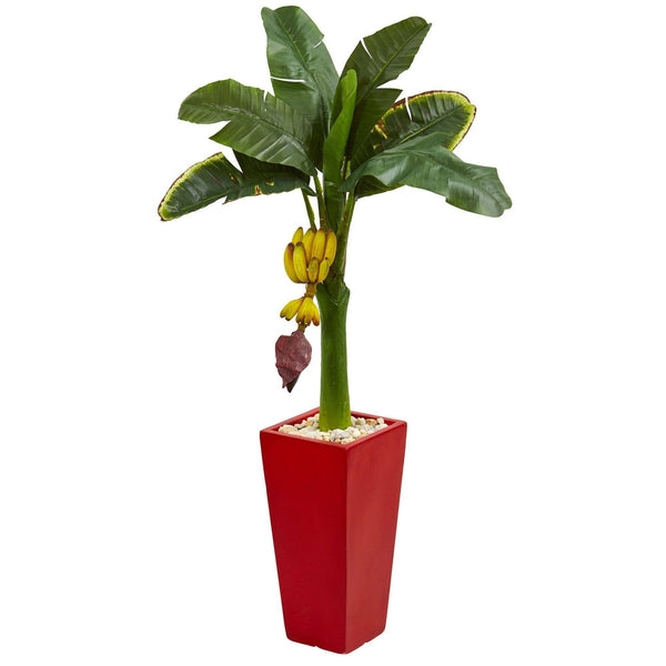 4’ Banana Artificial Tree in Red Tower Planter