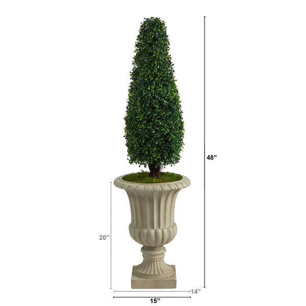 4’ Boxwood Tower Artificial Topiary Tree in Sand Finished Urn UV Resistant (Indoor/Outdoor)